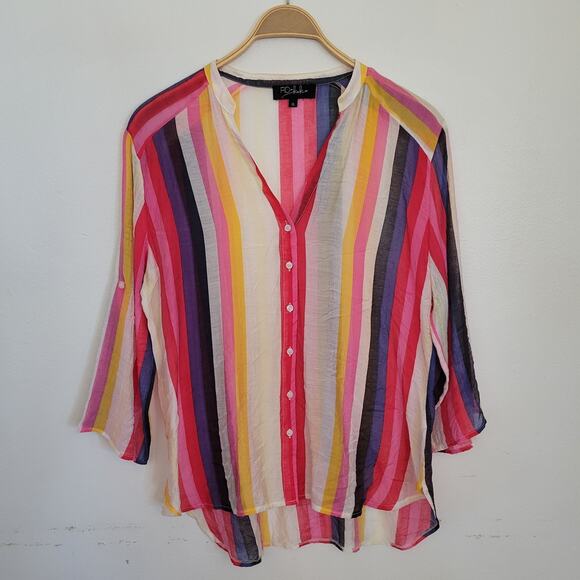 RD & Koko‎ Semi Sheer Rainbow Stripe Button Down Top Roll Tab Sleeve Split Neck - Picture 3 of 13